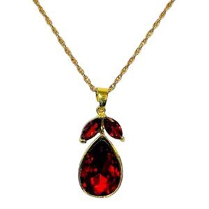 Vintage Red Rhinestone Pear Pendant Necklace 24" Gold Tone